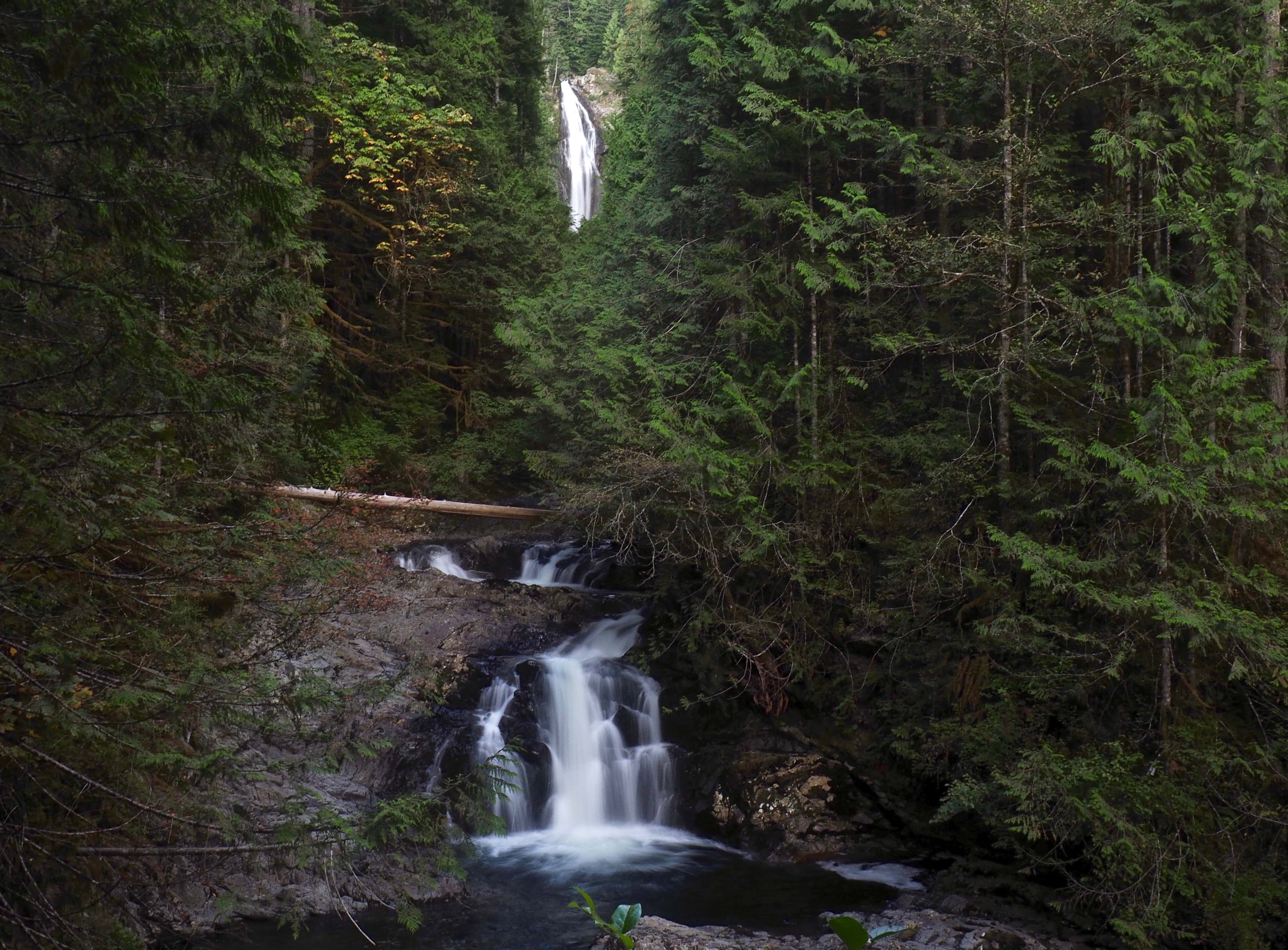 Above Lower Wallace Falls, the parted forest provides a keyhole view of the Middle Wallace Falls beyond. Woody Trail, Wallace Falls State Park, September 11, 2016.